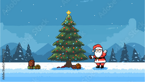 Paysage de Noël, sapin de Noël et père Noël en pixel art
