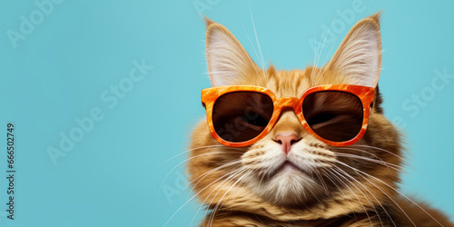 Cool Cat in Sunglasses: Closeup Portrait on Light Cyan