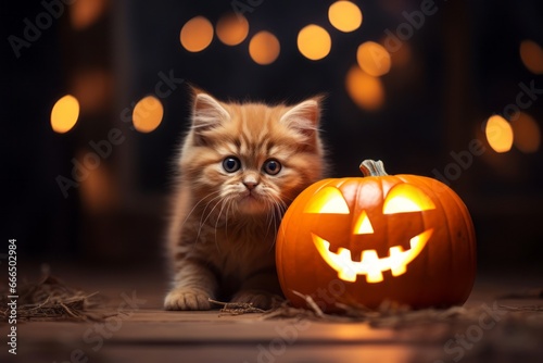 Orange cat with Jack O'Lantern on dark background