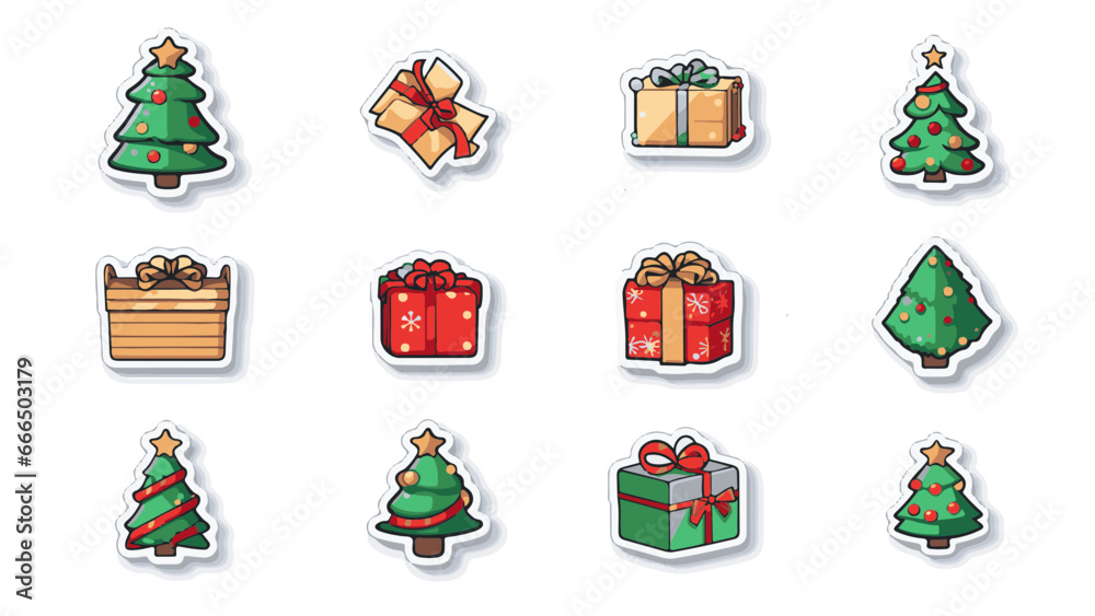 Planche d'icône de Noël avec cadeaux et sapin de Noël, style stickers