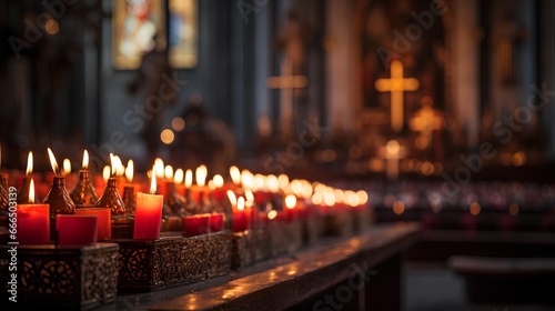Candles in church with altar in background. Beautiful catholic or Lutheran cathedral with many lit candles as prayer or memory symbol. Beautiful lights in Christian basilica and crucifix in background photo