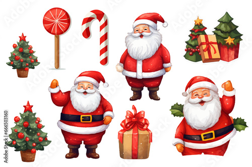 Planche d'illustration de pères Noël, sapins de Noël, cadeaux et sucres d'orge