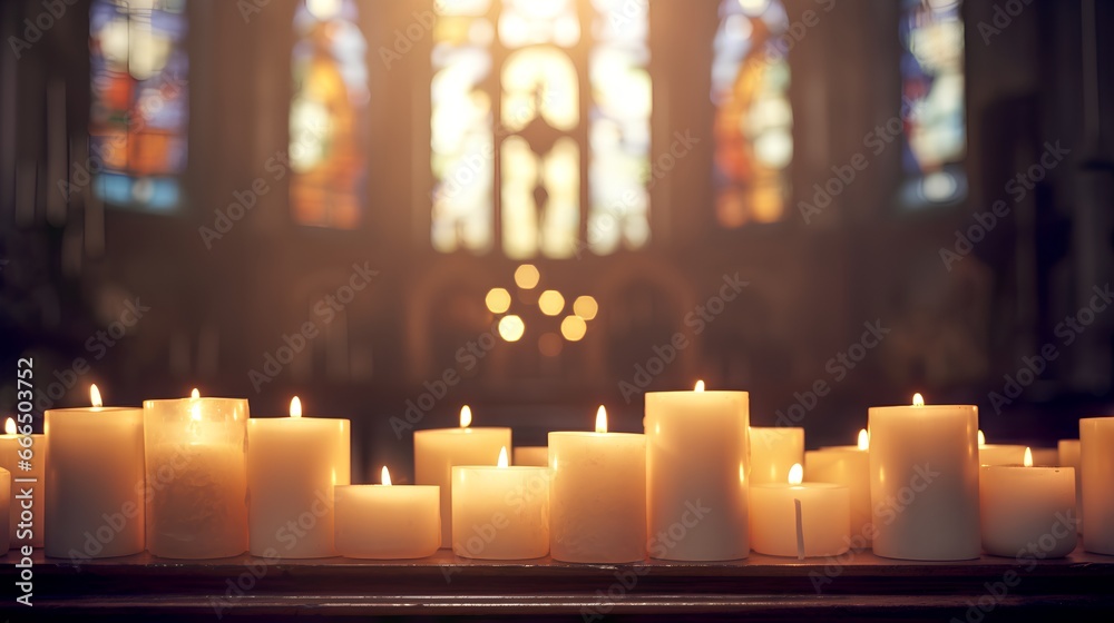Candles in church with altar in background. Beautiful catholic or Lutheran cathedral with many lit candles as prayer or memory symbol. Beautiful lights in Christian basilica and crucifix in background - obrazy, fototapety, plakaty 
