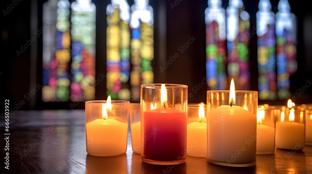 Candles in church with altar in background. Beautiful catholic or Lutheran cathedral with many lit candles as prayer or memory symbol. Beautiful lights in Christian basilica and crucifix in background Candles in church with altar in background. Beautiful catholic or Lutheran cathedral with many lit candles as prayer or memory symbol. Beautiful lights in Christian basilica and crucifix in background