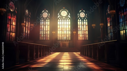 Beautiful vibrant stained church glass windows. Catholic or Lutheran cathedral with piercing rays of bright sunlight shining in the aisle. Holy building for religious feeling.