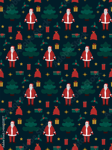 Christmas cute seamless pattern . A festive trees, Santa, winter decor and gifts. Can be used for fabric, textile, clothing, wallpapers or scrap booking. Vector illustration.