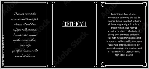Vector text ad unit frame border. Vertical book page frame on black chalkboard background. Certificate, diploma, info board, invitation, announcement, memorial plaque, blackboard, cover, menu page