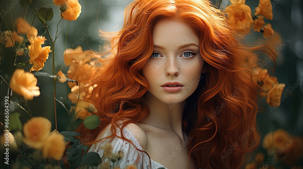 pretty ginger red hair woman portrait in orange flower garden, Generative Ai