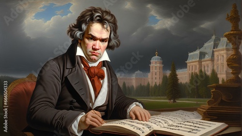 ルートヴィヒ・ヴァン・ベートーヴェンの油絵。 悩みながら作曲している姿｜Oil painting of Ludwig van Beethoven. The figure of composing music while worrying. Generative AI photo