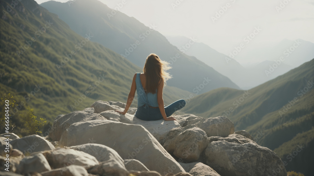 Fototapeta premium Women sit on the mountaintop to relax