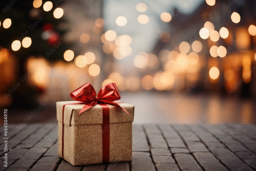 Christmas gift on wooden table. Xmas village on a snowy night in vintage style. Generative AI. Christmas gift on wooden table. Xmas village on a snowy night in vintage style. Generative AI.