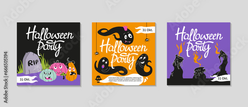 Social media Post template set. Halloween holidays square templates. Halloween party, sale and social media post. Vector illustration for mobile apps, banner design and web internet ads.