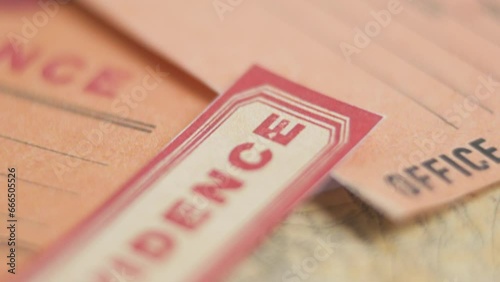 Murder case ID vintage Macro slider cinematic shot evidence tags and labels Map Location