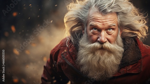 Winter portrait of a man in a red jacket with a gray beard and mustache running forward. Merry Christmas and Happy New Year. Wallpaper, illustration, background.