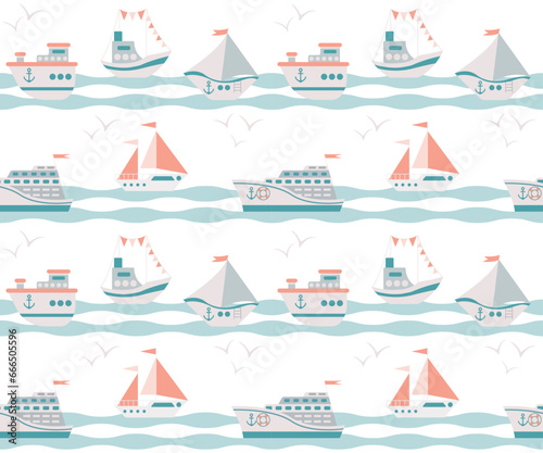 Children's nautical template. Seamless background. children's texture with various ships and sailing boats. cute textile prints. Children's pastel background for albums. Vector illustration