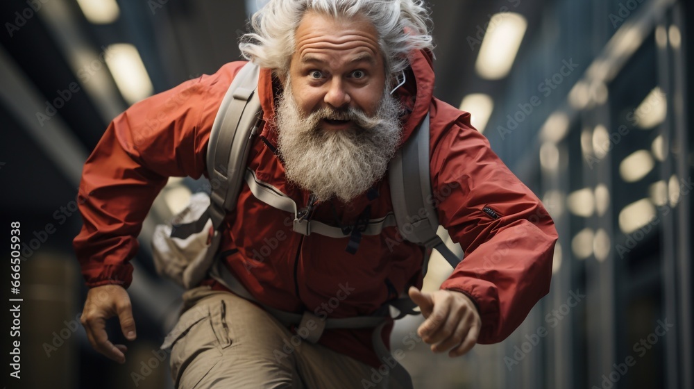 Winter portrait of a man in a red jacket with a gray beard and mustache running forward. Merry Christmas and Happy New Year. Wallpaper, illustration, background.
