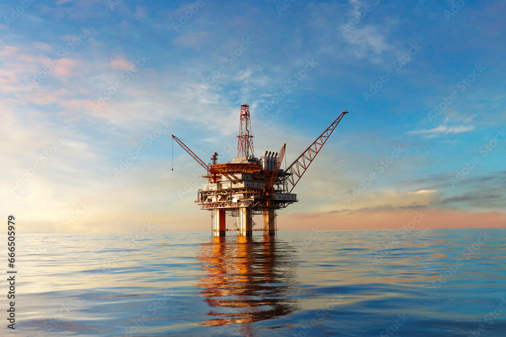 Offshore platform or oil rig in the open ocean producing natural gas for energy.