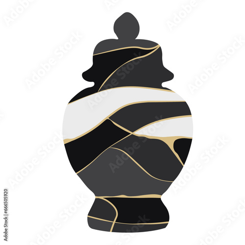 Kintsugi ceramics vase. vector illustration. Reborn pottery from broken tableware, repaired with gold line patterns. Vintage Japanese vase. Colored flat graphic.  isolated on white background