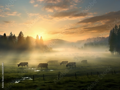 Morning mist envelopes grazing cows in a meadow as the sun rises hazily in the background photo