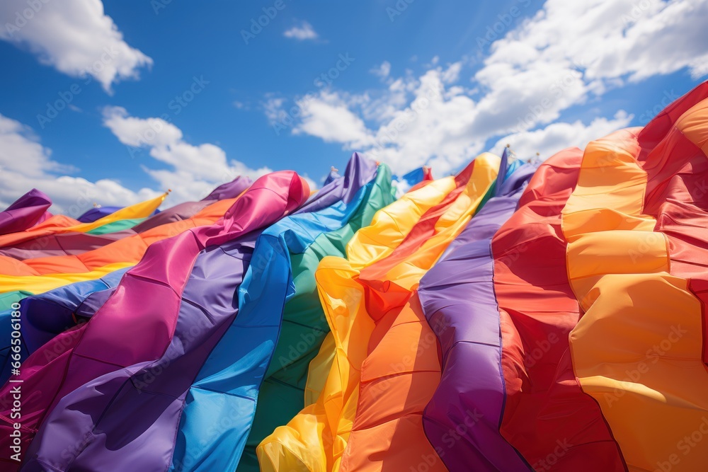 Rainbow flag in the blue sky background. Rainbow flag background. LGBT parade on the city street. Pride month concept. LGBTQIA+. Background with a copy space.