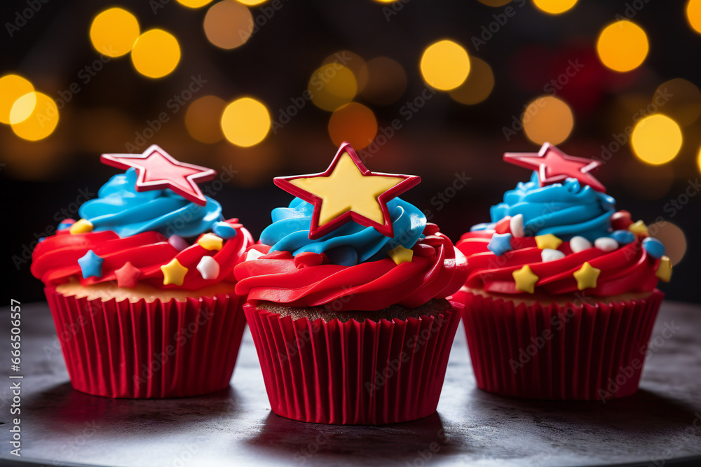 superhero birthday party: super hero themed red blue and yellow cupcakes with a star on a bokeh background