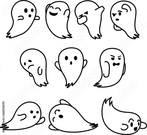 set of cute ghosts. Frightened funny ghost, curious spook and spooky devil smiling ghostly child character, boohoo emotion cartoon vector isolated icons illustration set