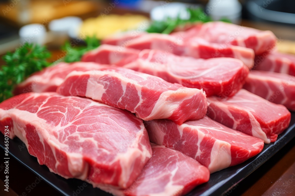 Close-up of Fresh Raw Pork Meat on Shop Counter â€“ Ideal for Magazine Advertising