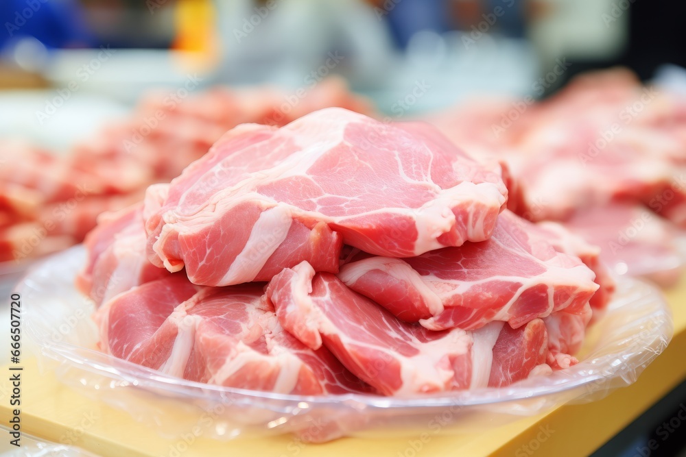 Close-up of Fresh and Juicy Raw Pork Meat on Shop Counter - Perfect for Magazine Advertising