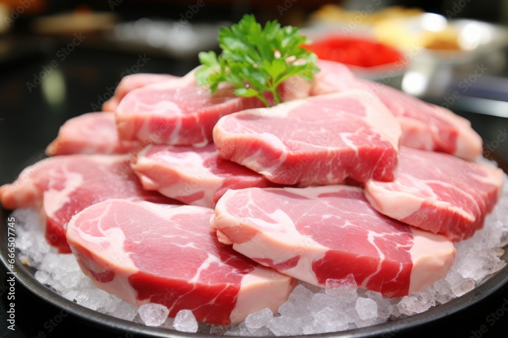 Tender Raw Pork Meat Close-Up - Perfect for Magazine Advertisements and Gourmet Culinary Promotions. Tender Raw Pork Meat Close-Up - Perfect for Magazine Advertisements and Gourmet Culinary Promotions.
