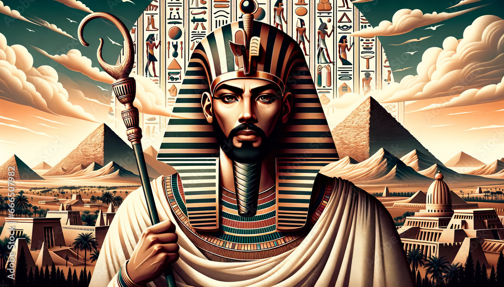 Majestic Portrait of Pharaoh Ramses II in Traditional Egyptian Regalia - obrazy, fototapety, plakaty 