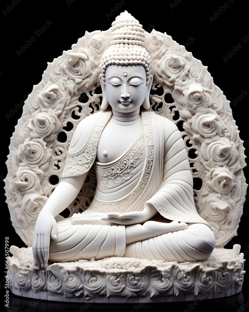 Fototapeta premium A marble Buddha statue against a black backdrop.