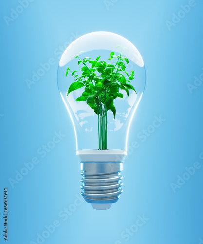 Green plant growing in the light bulb at the blue background. Ecology concept.