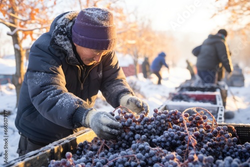 Braving extreme chill dedicated workers harvest grapes for ice wine  photo