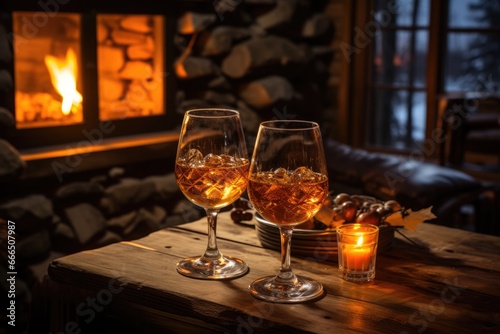 Candlelit ice wine tasting in cozy snow-capped winter cabin 