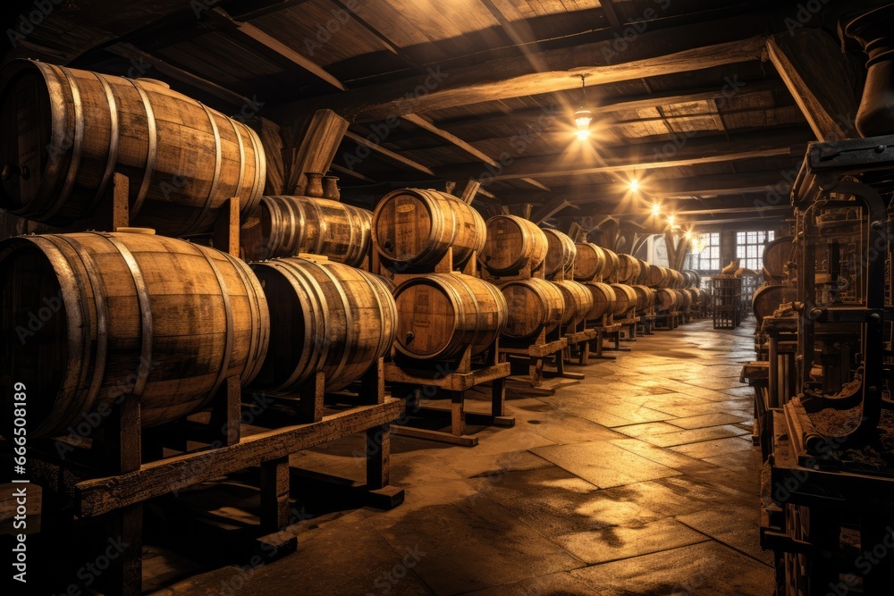 Rustic cellar storing traditional ice wine barrels in chilly ambiance 