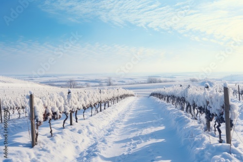 Panoramic white landscape of snow-laden vineyards in ice wine season 