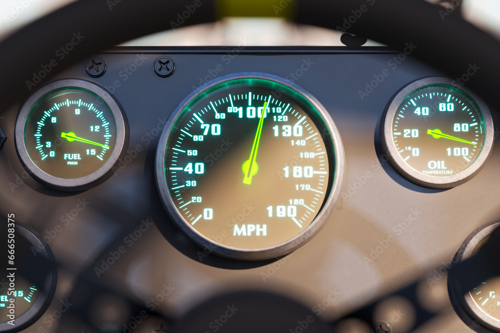 Close up shot of dashboard with speedometer in the speeding race car. 4K