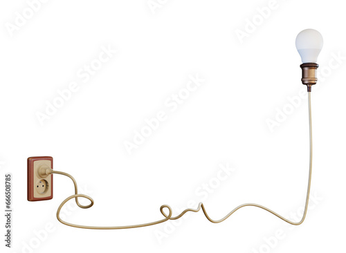 3D lightbulb with outlets and plug, energy power consumption concept.Plastic double socket and wire, european safe jack and cable.Realistic elements on background. 3D Rendering illustration