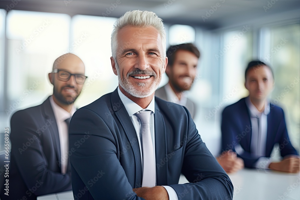 A successful corporate team of professionals in a modern office, radiating confidence and happiness during a meeting. A successful corporate team of professionals in a modern office, radiating confidence and happiness during a meeting.