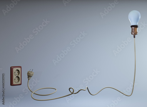 3D lightbulb with outlets and plug, energy power consumption concept.Plastic double socket and wire, european safe jack and cable.Realistic elements on background. 3D Rendering illustration