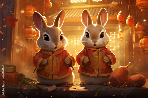 Illustration of two rabbits celebrating Chinese new year. happy new year background. generative AI © RezGa