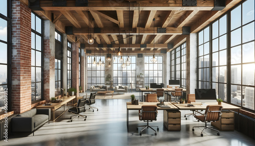  modern loft-style office space, devoid of people, accentuating exposed brick walls, wooden beams, and a harmonious blend of contemporary furniture with vintage elements. Expansive windows offer a pan photo