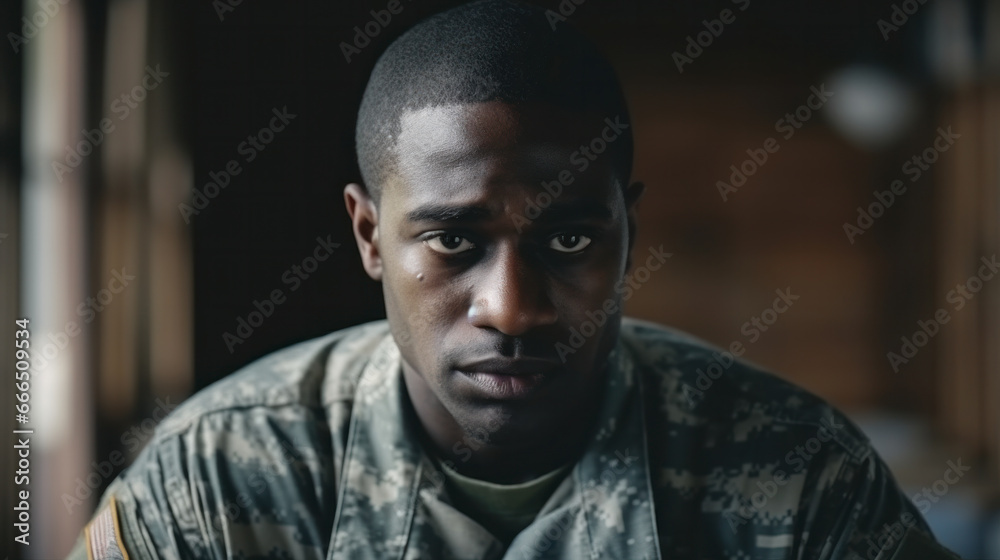 An American soldier with ptsd sits sad
An American soldier with ptsd sits sad