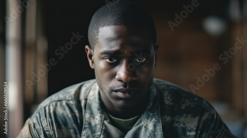 An American soldier with ptsd sits sad 