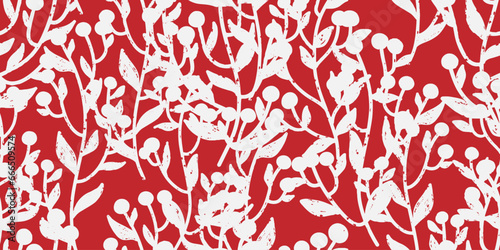 Silhouettes of branches with berries, cozy texture ornament. Vector seamless pattern