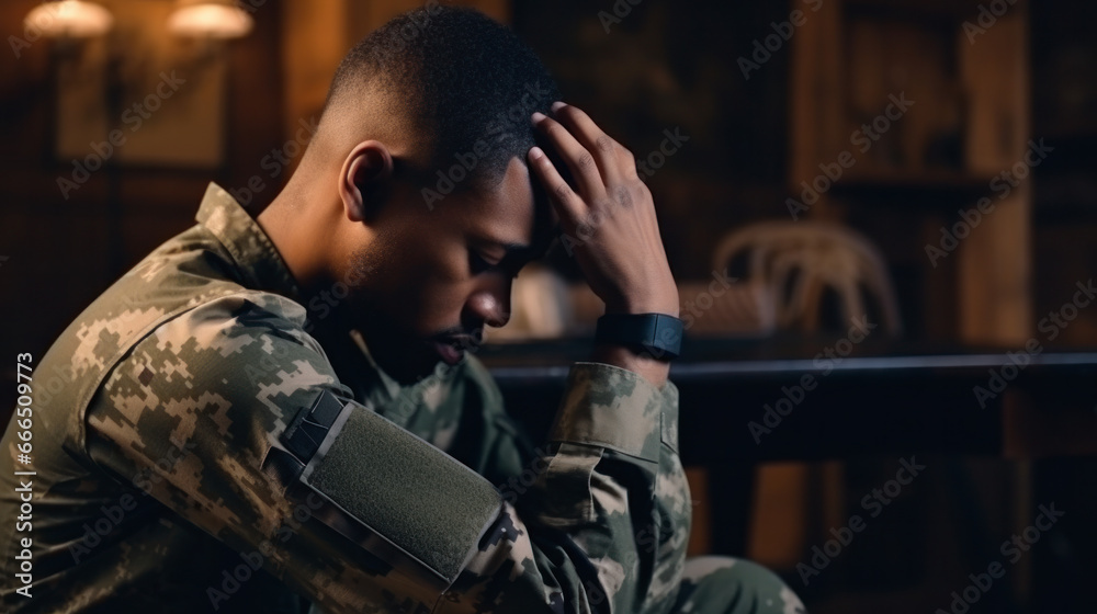 An American soldier with ptsd sits sad
An American soldier with ptsd sits sad