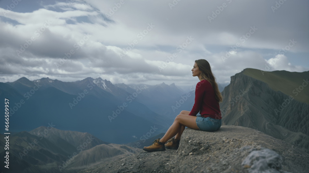Fototapeta premium Women sit on the mountaintop to relax