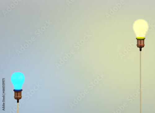 3D lightbulbs, energy power consumption concept.Blue-yellow Ukrainian symbol of country, national patriotic sign for Independence day. 3D Rendering illustration