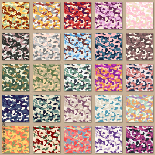 army camouflage seamless patterns with 25 color themes. uses for fabric, background, wallpaper, clothing print, decorative purposes, fabrication, textile design such as flannel, etc, and others
