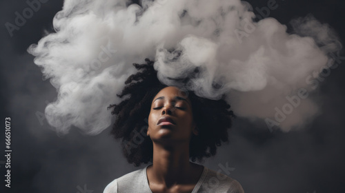 A young woman ponders beneath a cotton cloud 